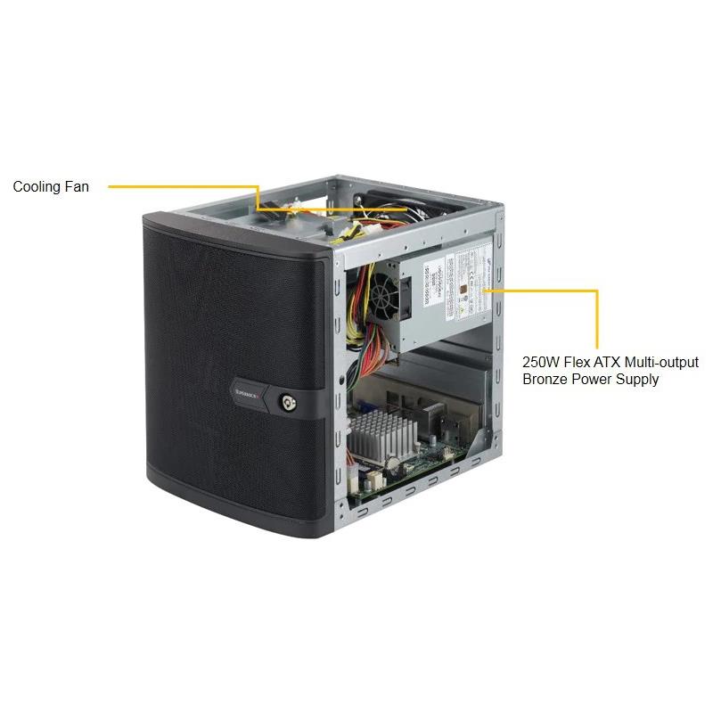 Supermicro SuperServer 5029AP-TN2 Mini-tower Server - 1 x Intel Atom x5-E3940 1.60 GHz - Serial ATA/600 Controller 8 GB RAM Support - 0, 1, 5, 10 RAID Levels - Intel HD Graphics 500 graphic card Gigabit Ethernet - 2 x SFF Bay(s) - 4 x LFF Bay(s) - Hot Swappable Bays - 1 x 250 W