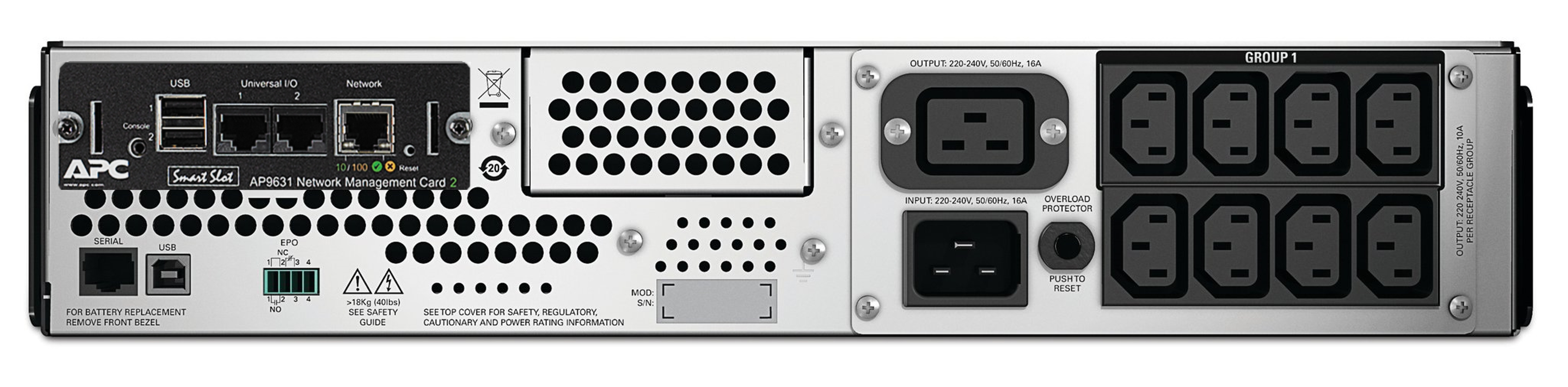 APC Smart-UPS, line-interactive, 2200VA, rackmount 2U, 230V, 8*IEC C13+2*IEC C19 outlets, network card, AVR, LCD