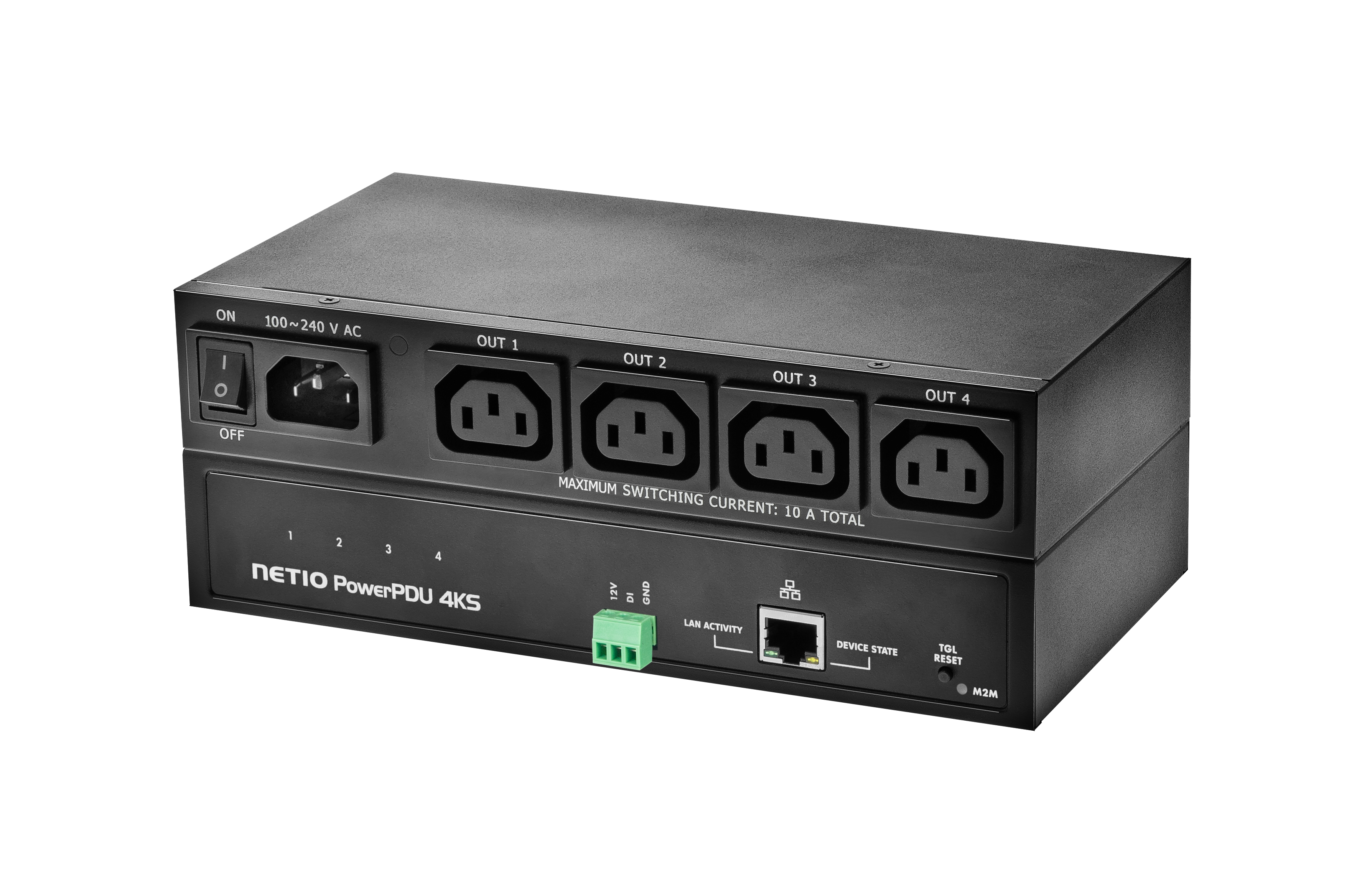 Netio PowerPDU 4KS in PaperBox without any power-cable included. PDU with 4*C13 power output, each output metered + switched individually, 1*DI, ZCS. PDU supports NETIO Coud + WatchDog, scheduler, several M2M APIs, SNMPv1 &amp; MQTT-flex supported