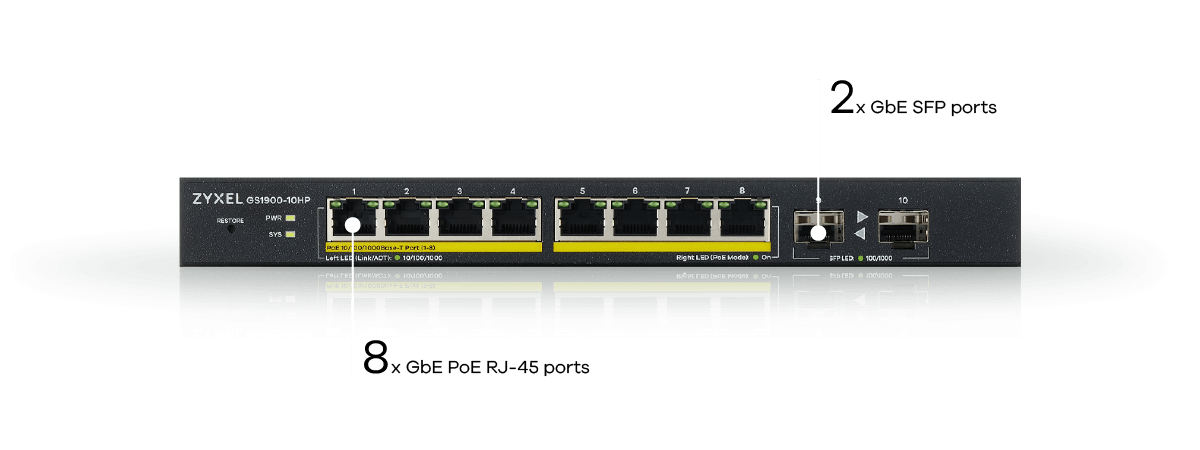 ZyXEL GS1900-10v2 8-port GbE L2 PoE smart switch + 2 SFP slots 802.3at desktop fanless 70 Watt