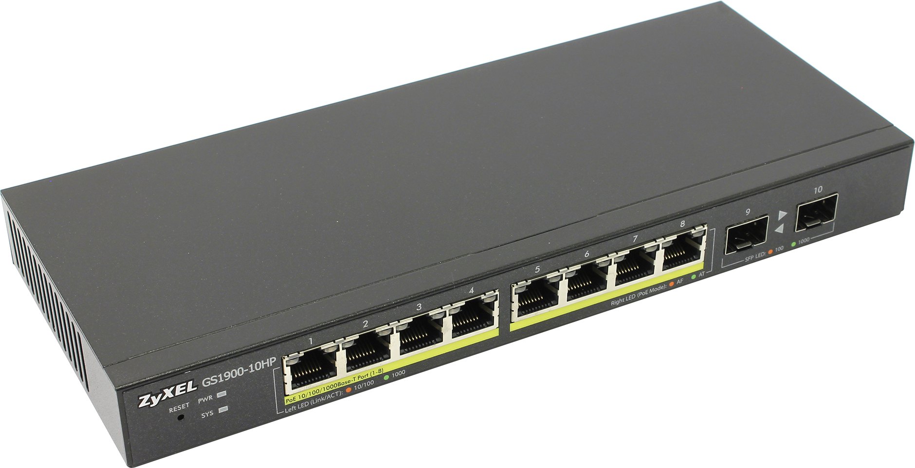 ZyXEL GS1900-10v2 8-port GbE L2 PoE smart switch + 2 SFP slots 802.3at desktop fanless 70 Watt