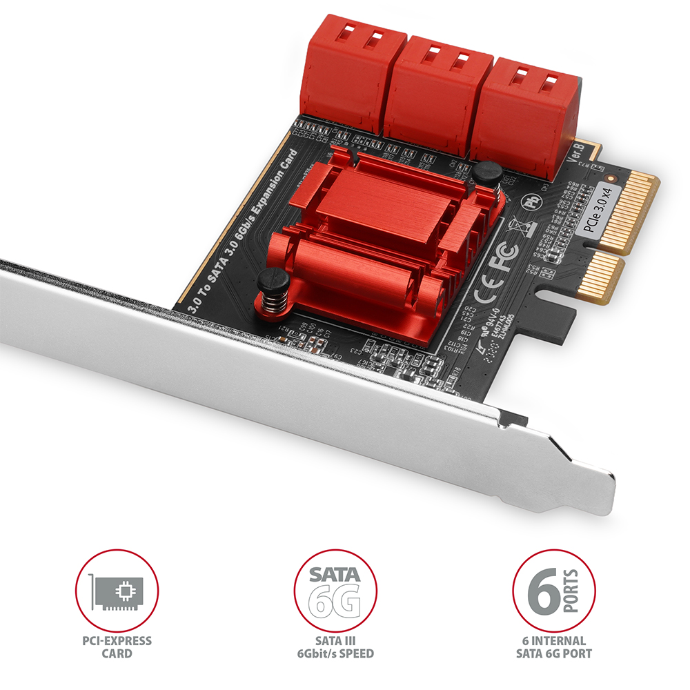 PCES-SA6 PCI-Express controller 6*SATA 6G, W7/8/8.1/10/11, Windows Server 2008/12/16/19/22, Linux kernel 2.6.x ja edasi