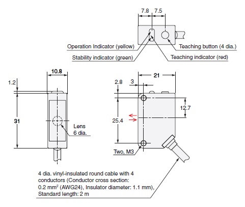 Omron E3ZM-V61 2M pre-wired 2m optical sensor, npn output, diffuse-reflective (mark detection), sensing distance 10 to 14 mm, set in the order of the teaching operation, white LED (450 to 700 nm), remote control input