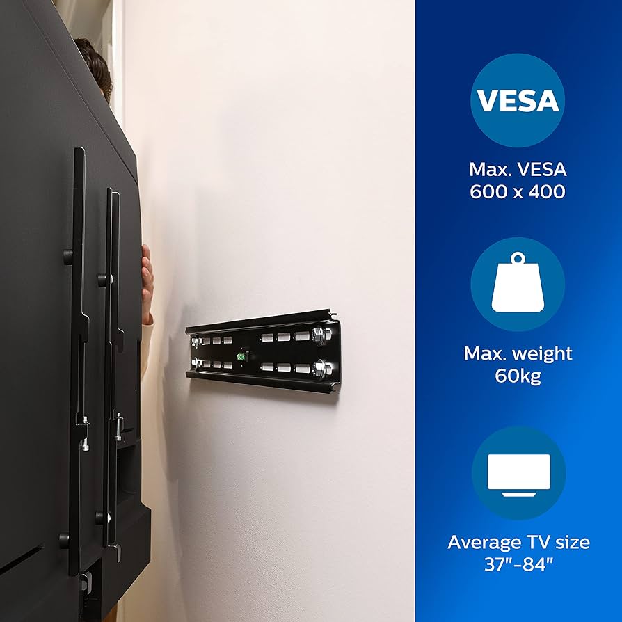 Philips universal fixed wall mount for TV up to 84&quot;, VESA wall mount compatible: 10*10 cm, 20*20 cm, 30*30 cm, 40*40 cm, 60*40 cm, wall distance 2 cm, integrated bubble level for straight mounting, mounting templates and hardware included