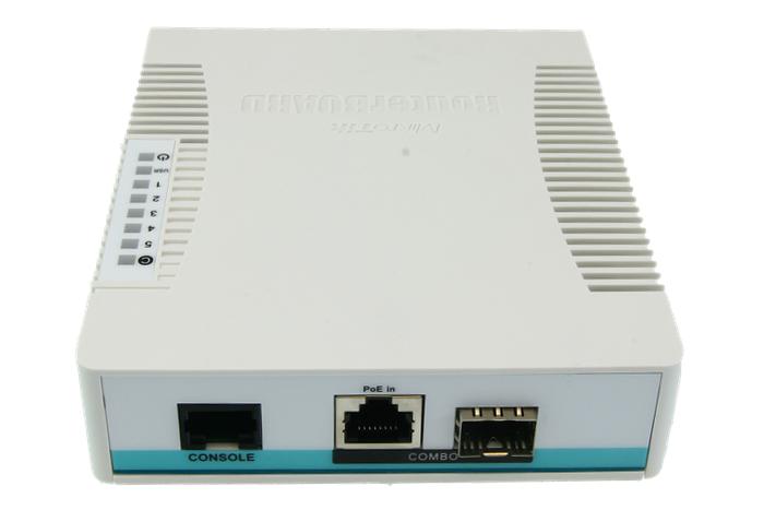 MikroTik smart switch 106-1C-5S, *SFP pesa, 1*combo port (SFP või Gigabit Ethernet), 400MHz CPU, 128MB RAM, desktop korpus, RouterOS L5