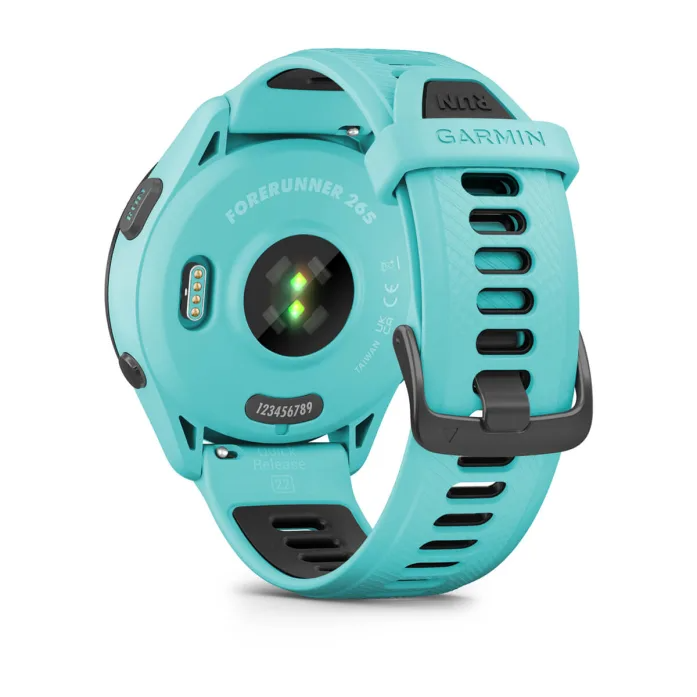 Garmin Forerunner® 265 black bezel with aqua case and aqua/black silicone band