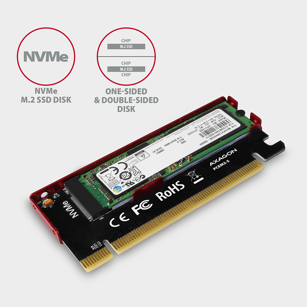 Axagon PCI-E 3.0 16x - M.2 SSD NVMe, up to 80mm SSD, low profile, cooler