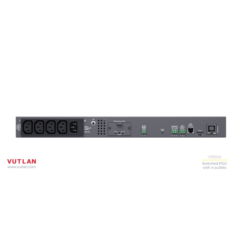 Vutlan switched PDU 19&quot;, 4 outlets. x1 Ethernet port, x1 USB port, x2 analog sensor ports, x4 230VAC outlets, x2 digital inputs, x2 12V 0.25A relays, x1 CAN port, power supply 230VAC