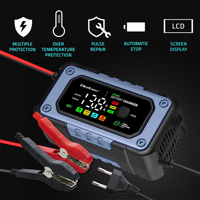Qoltec intelligent microprocessor-based charger with battery repair function 12V, 7A, LCD, 4 modes