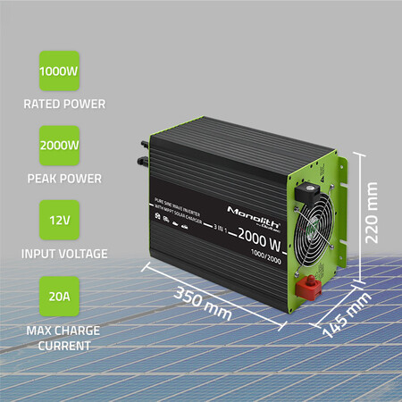 Qoltec Monolith 3-in-1 solar inverter with AC charging function | MPPT | UPS | ATS | 1000W | 2000W | 12V to 230V | pure blue wave
