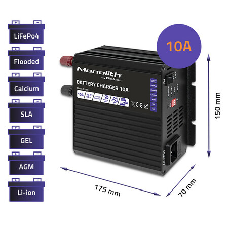Qoltec Smart Monolith charger for LiFePO4 AGM GEL SLA batteries | 10A | 12V