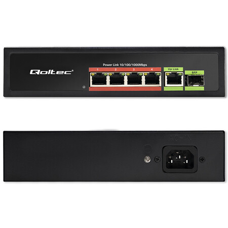 Qoltec unmanaged Gigabit PoE switch,  4*RJ45 PoE, 1*RJ45 uplink, 1*SFP, 65W