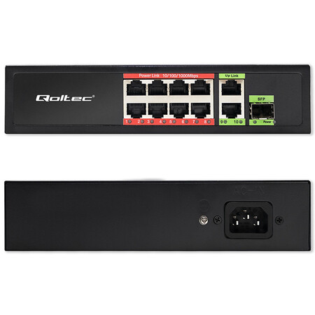 Qoltec unmanaged Gigabit PoE switch,  8*RJ45 PoE, 2*RJ45 uplink, 1*SFP, 120W