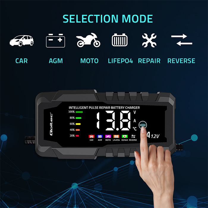 Qoltec intelligent microprocessor charger 12V, 6A, rectifier with repair function for AGM, GEL, LiFePO4 batteries, LCD
