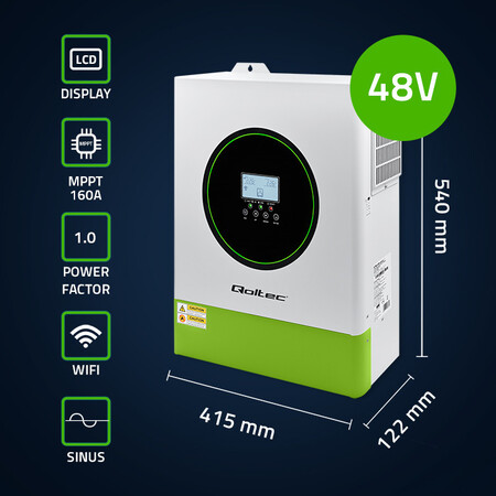 Qoltec hybrid solar inverter, off-grid 11kW, 160A, 48V, MPPT, BMS, sine, Wi-Fi option, power factor 1.0