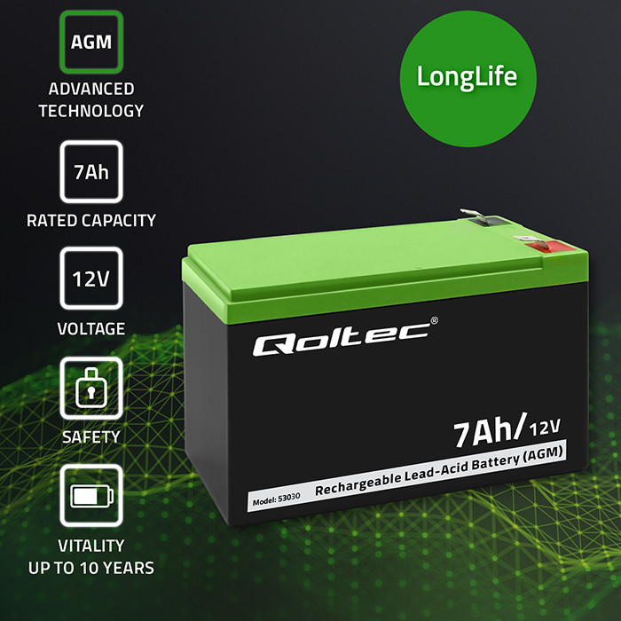 Qoltec AGM battery 12V 7 Ah maintenance-free, efficient, LongLife, for UPS &amp; security