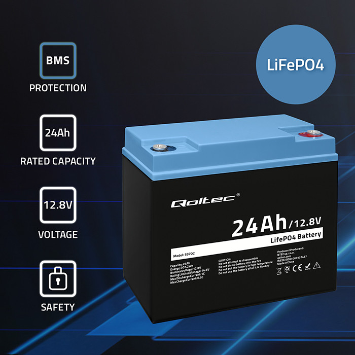 Qoltec LiFePO4 lithium iron phosphate battery 12.8V, 24Ah, 307.2Wh, BMS