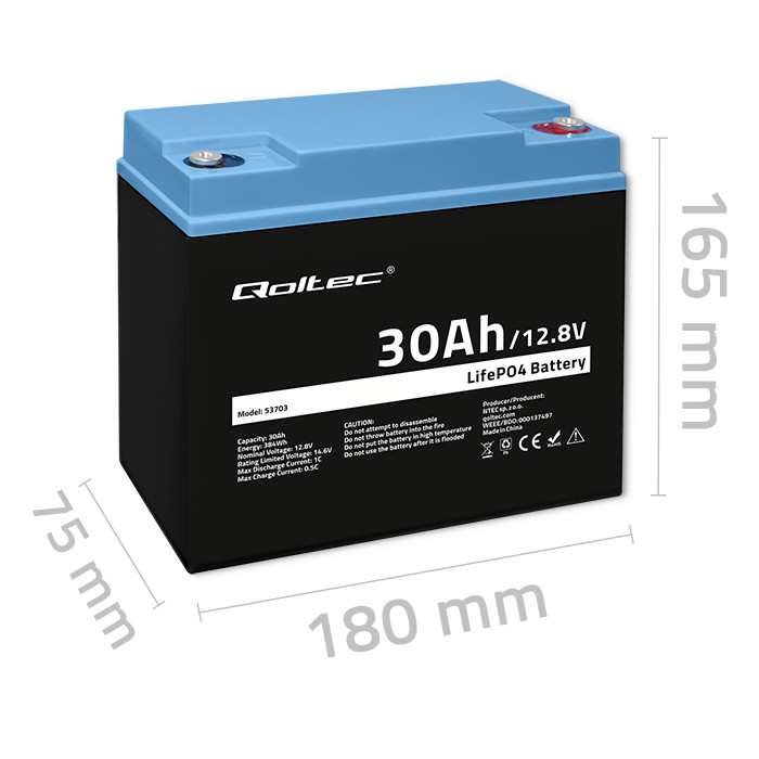 Qoltec LiFePO4 lithium iron phosphate battery 12.8V, 30Ah, 384Wh, BMS