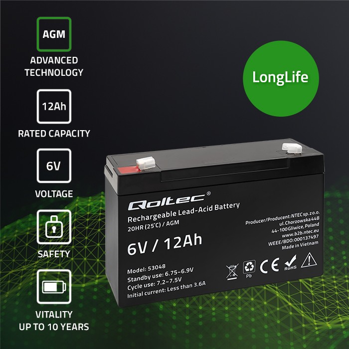 Qoltec AGM battery 6V 12Ah, maintenance-free, efficient, LongLife, for UPS, scale, cash register