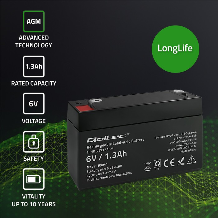 Qoltec AGM battery 6V 1.3Ah, maintenance-free, efficient, LongLife, for UPS, scale, cash register