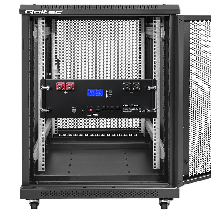 Qoltec stable LiFePO4 energy storage for rack, 5.12kWh, 51.2V, 100Ah, BMS, LCD