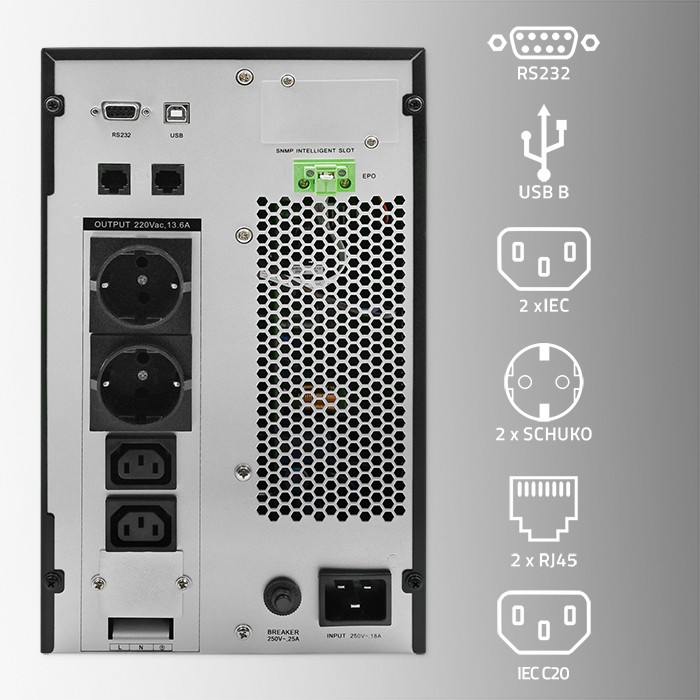 Qoltec UPS 3kVA, 3000W, PF1.0 LCD,EPO,USB,On-line
