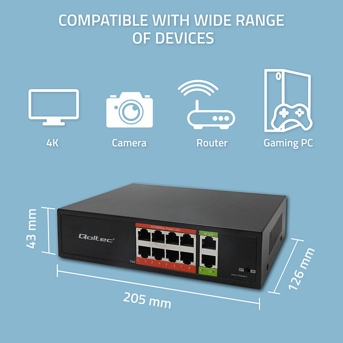 Qoltec unmanaged FE PoE switch, 8*RJ45 PoE (120W budget), 2*RJ45 uplink 10/100Mb/s
