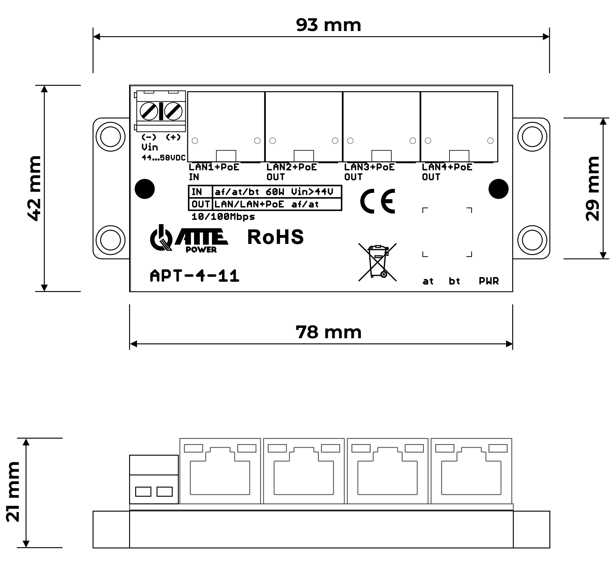 4-port PoE switch 10/100Mbps, extender