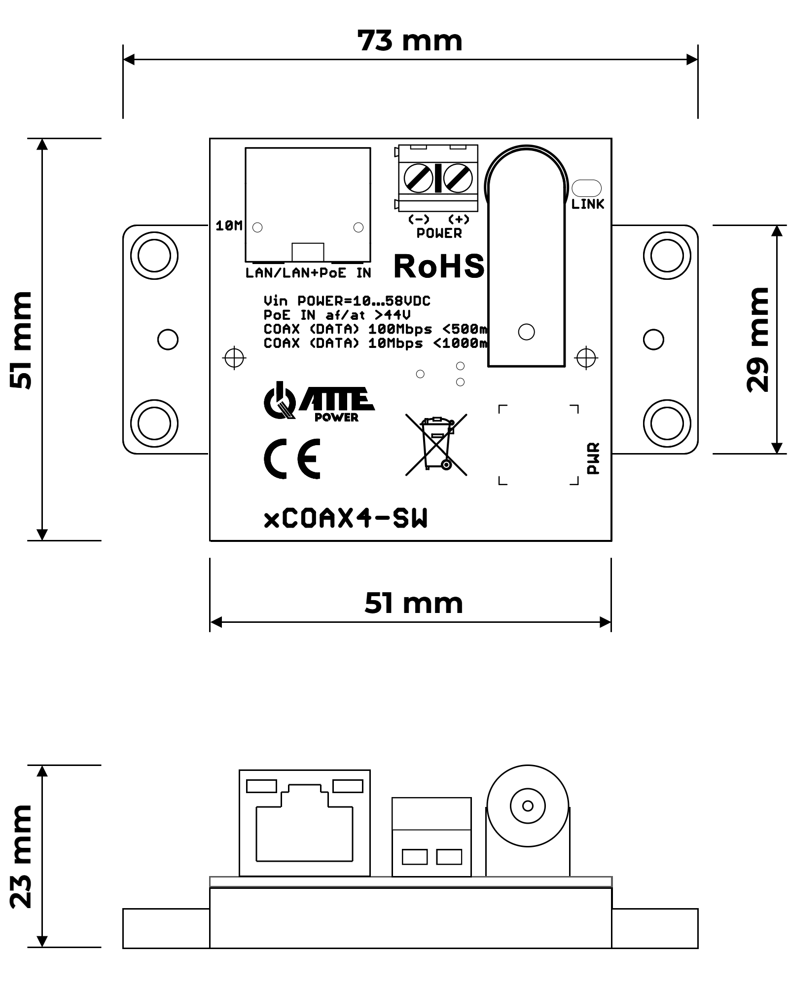 A set of active converters for Ethernet and PoE transmission via coax