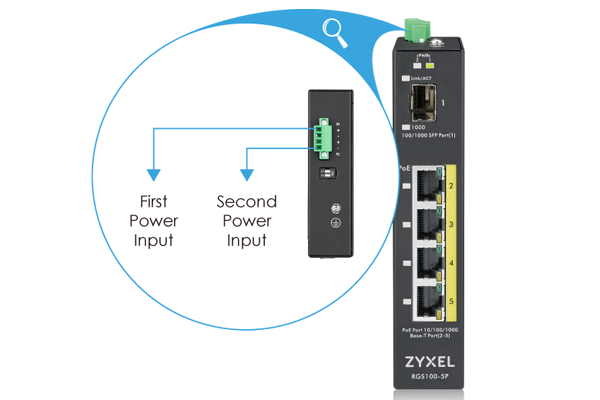 5  Port unmanaged PoE Switch, 120 Watt PoE, DIN Rail, IP30, 12-58V DC