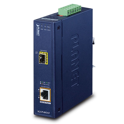 Planet industrial 1-port 100/1000X SFP to 1-port 10/100/1000T 802.3bt PoE++ media converter