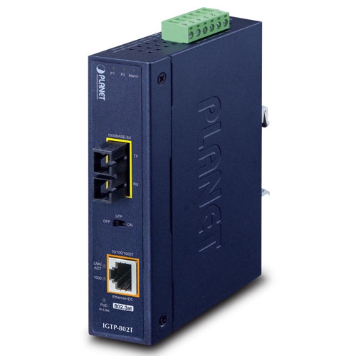 Planet 1000BASE-LX to 10/100/1000BASE-T 802.3at PoE+ industrial media converter, SC singel mode 20km