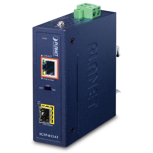 Planet industrial compact 100/1000BASE-X to 10/100/1000BASE-T 802.3at PoE+ media converter