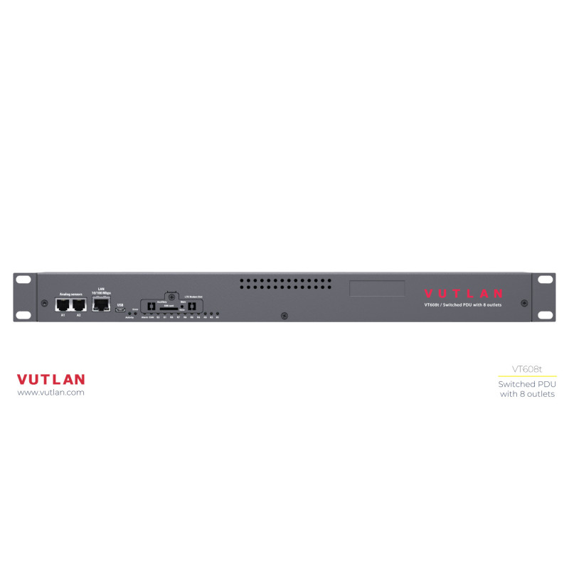 Vutlan switched PDU 19&quot;, 8 outlets, x1 Ethernet port, x1 USB port, x2 analog sensor ports, x8 230VAC outlets, x2 digital inputs, x2 12V 0.25A relays, x1 CAN port, 230V AC 