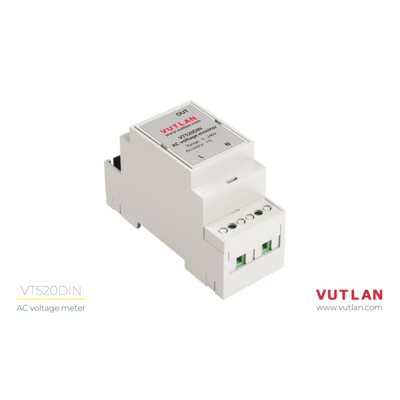 Vutlan DIN rail 0-246V AC analoog sensor, 1% accuracy, cable length 2m