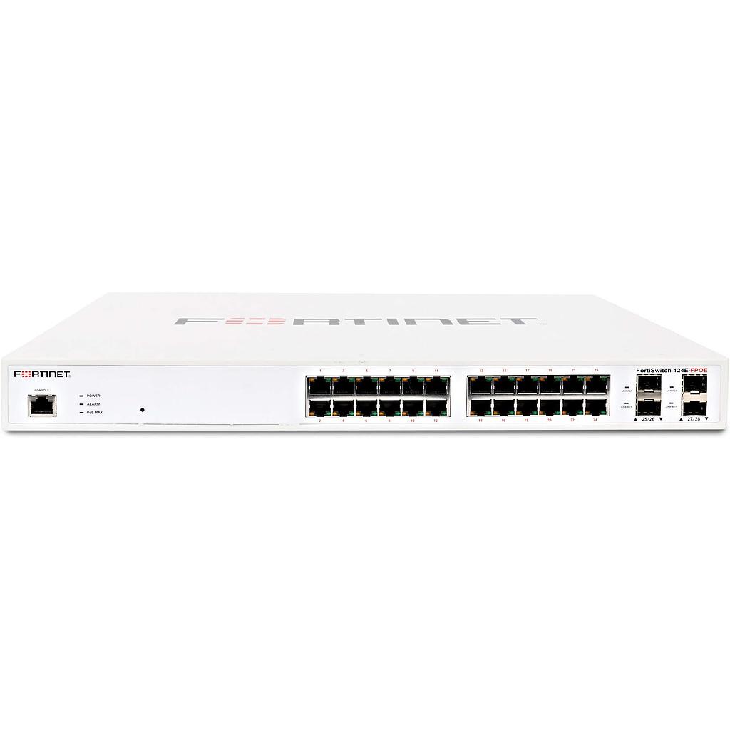 Fortinet FortiSwitch, 124F-PoE L2 managed switch 24*GE RJ45, 4*10G SFP+, 12 port PoE+, 185W PoE budget
