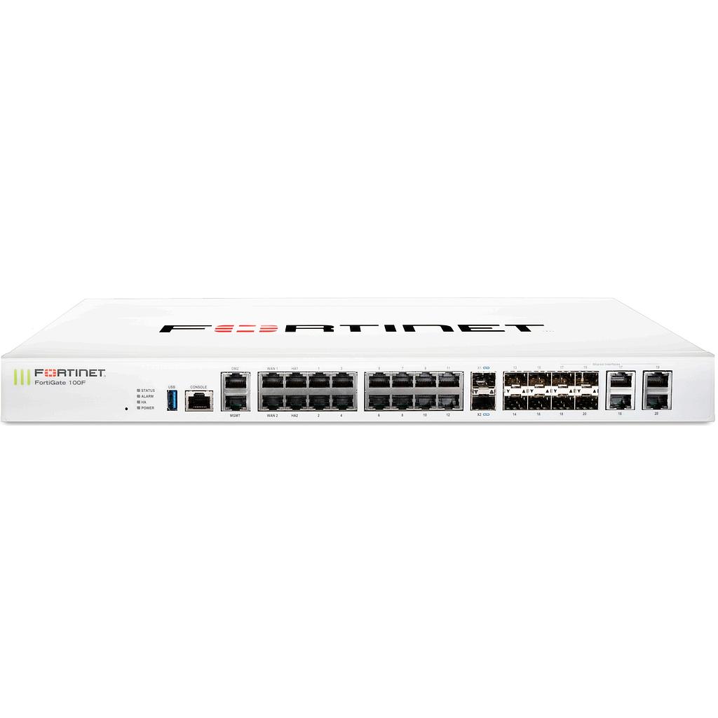 Fortinet FortiGate 100F firewall appliance, 22*GE RJ45 ports, 4*SFP &amp; 2*10G SFP+ ports, dual power supplies (appliance only, no subscription)