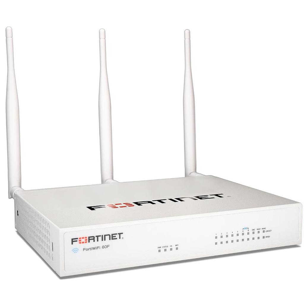 Fortinet FortiWiFi 60F firewall, 10*GE RJ45 (2*WAN, 1*DMZ port, 7*internal), wireless (802.11a/b/g/n/ac)