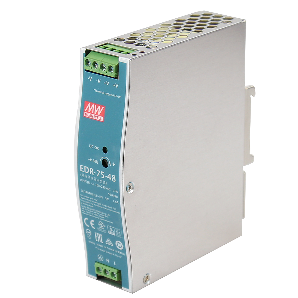 MeanWell EDR 75W singel output industrial DIN rail, 48V@1.6A, metal casing , ultra slim width 32mm