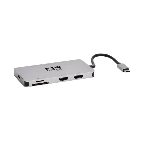Tripp Lite series USB-C dock, dual display - 4K 60 Hz HDMI, USB 3.x (5Gbps) hub ports, GbE, memory card, 100W PD charging, gray