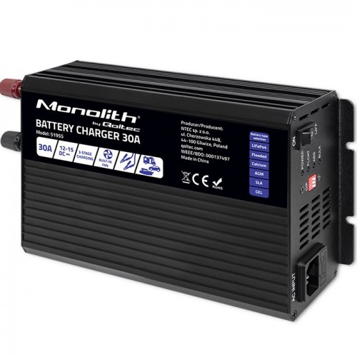 Qoltec mart Monolith charger for LiFePO4 AGM GEL SLA batteries / 30A / 12V