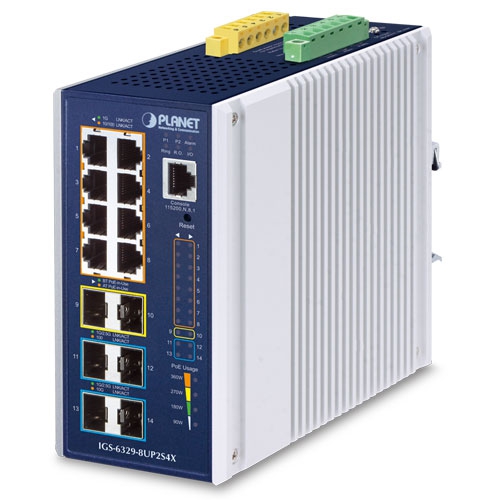 Planet industrial managed Ethernet switch, L3 8-port 10/100/1000T 802.3bt PoE + 2-port 1G/2.5G SFP + 4-port 10G SFP+