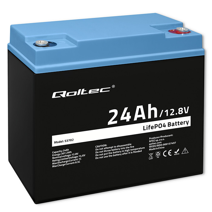 Qoltec LiFePO4 lithium iron phosphate battery 12.8V, 24Ah, 307.2Wh, BMS