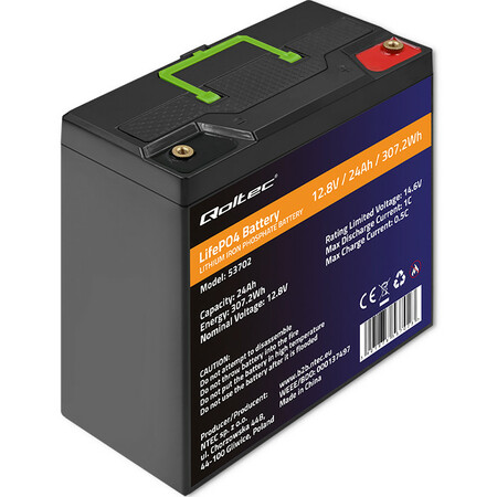Qoltec LiFePO4 lithium iron phosphate battery 12.8V, 24Ah, 307.2Wh, BMS