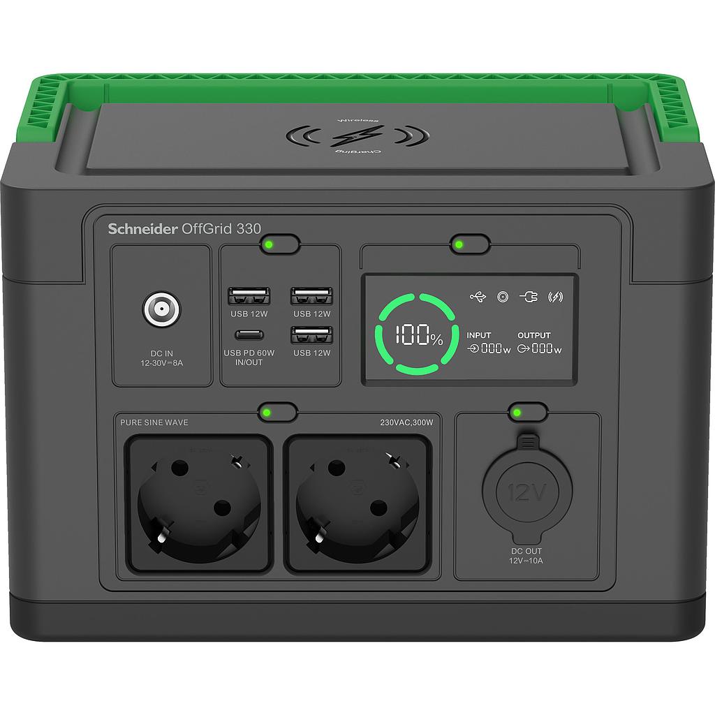 Schneider OffGrid portable power station 330, 230V, 332Wh Lithium-ion, LCD, 2 CEE 7/3 Schuko outlets, sinewave, 3 USB-A, 1 USB-C, wireless charger