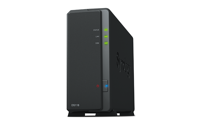 Synology tower NAS DS118 up to 1 HDD/SSD Hot-Swap, Realtek RTD1296 Quad Core 1.4 GHz, 1GB DDR4, 1*1GbE, 2*USB 3.0, single fan