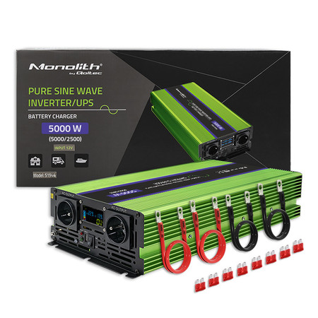 Qoltec pure sine wave inverter Monolith | battery charger | UPS | 2500 | 5000W | 12V to 230V | LCD