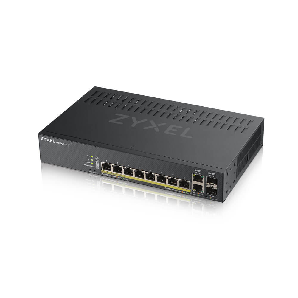 10 port smart managed switch 8x Gigabit copper and 2x Gigabit dual pers., hybird mode, standalone or NebulaFlex cloud, 130 Watt PoE, fanless