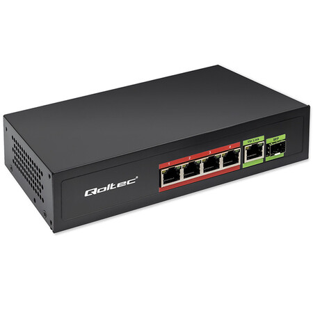 Qoltec unmanaged Gigabit PoE switch,  4*RJ45 PoE, 1*RJ45 uplink, 1*SFP, 65W