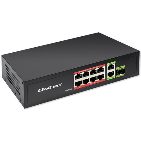 Qoltec unmanaged Gigabit PoE switch,  8*RJ45 PoE, 2*RJ45 uplink, 1*SFP, 120W